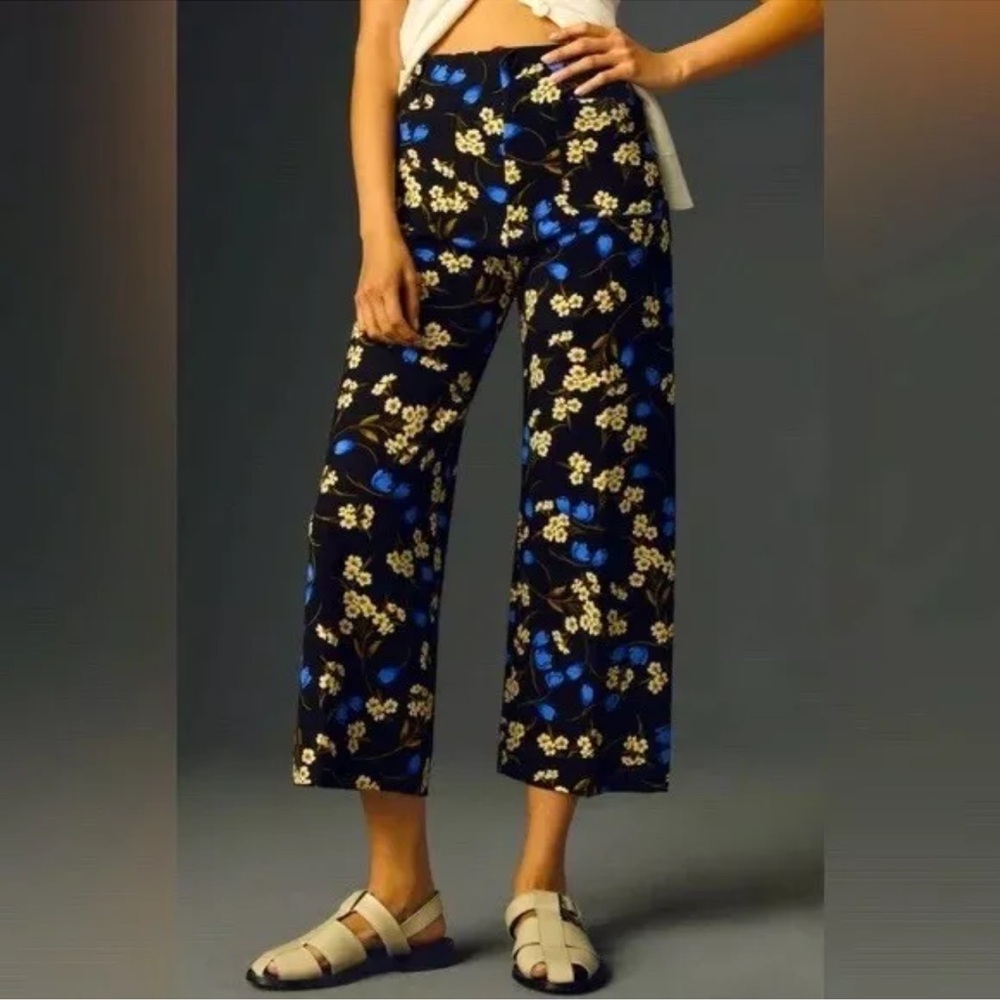 Anthropologie Floral Wide Leg Pants in Black and Blue